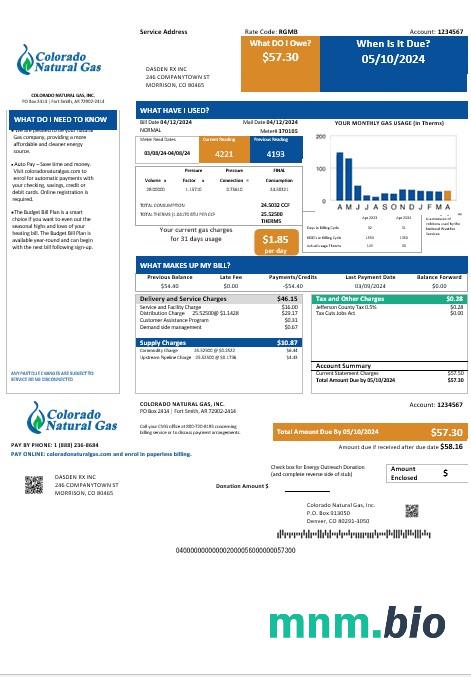 Szablon rachunku za gaz ziemny w USA Colorado w formatach Word i PDF